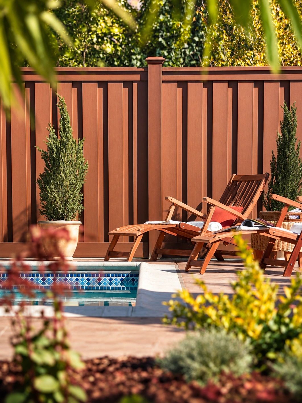 Relaxing poolside with wooden lounge chairs and greenery.