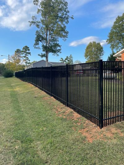 Long black metal fence enclosing a grassy yard under a blue sky.