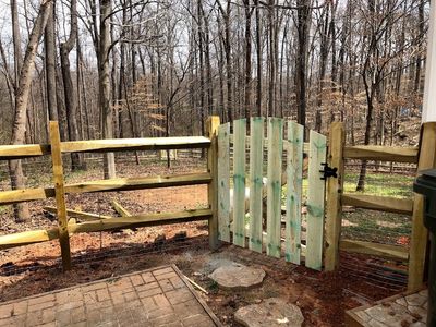 A wooden gate and fence enclosing a backyard with leafless trees.