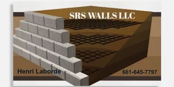 Illustration of a retaining wall construction with contact info for SRS Walls LLC.