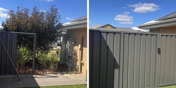 Before and after images of a garden gate replacement with a solid metal gate.
