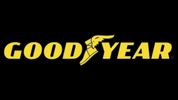 Goodyear logo with winged foot in yellow on black background.