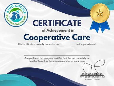 Certificate of Achievement in Cooperative Care from Kind Choice Behavior Consulting.