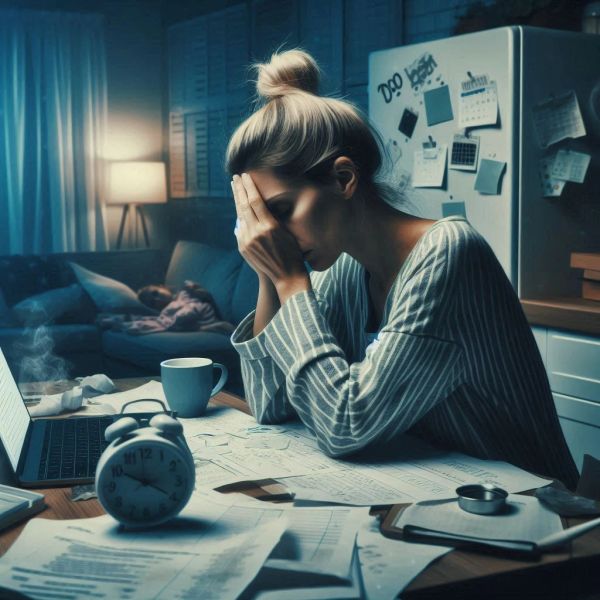 Overwhelmed working parent carrying the mental load of work and family responsibilities