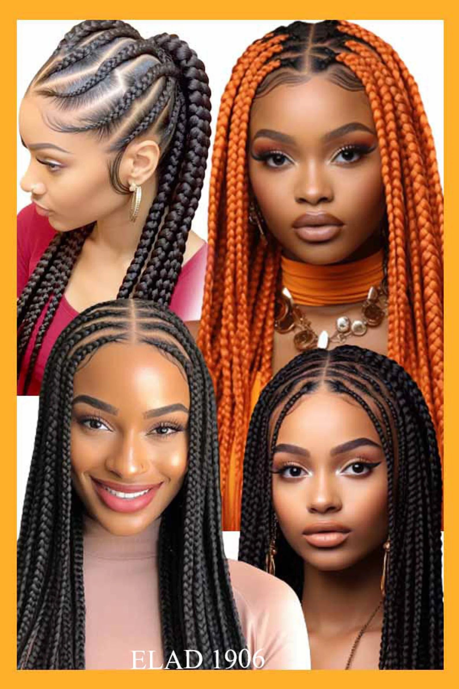 Four women with braided hairstyles in different styles and colors.