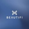 Minimalist logo with a butterfly symbol and 'BEAUTIFI' text on a blue background.
