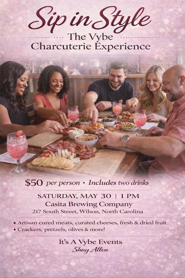 Group enjoying Sip in Style charcuterie event with drinks and appetizers.