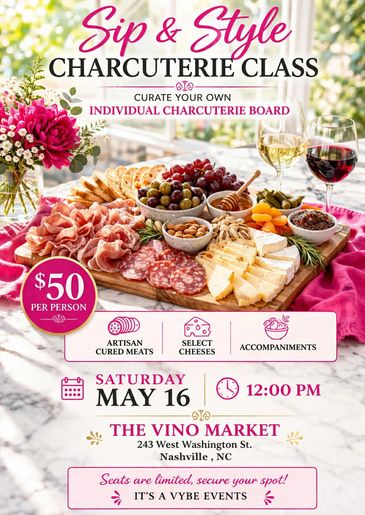 Charcuterie class with meats, cheeses, wine, and accompaniments for $50 per person.