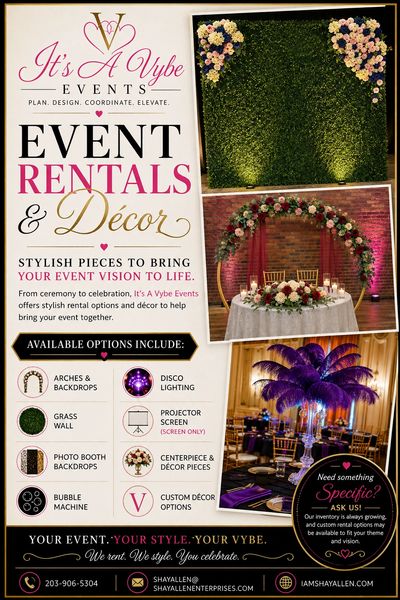 It’s A Vybe Events décor and rentals in Wilson, North Carolina.