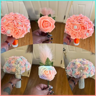 Handheld pastel rose bouquets and single rose stems with decorative accents.