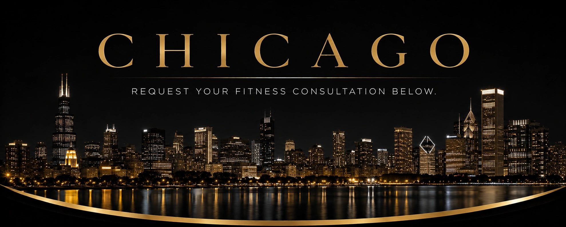 Night view of Chicago skyline with fitness consultation invitation.