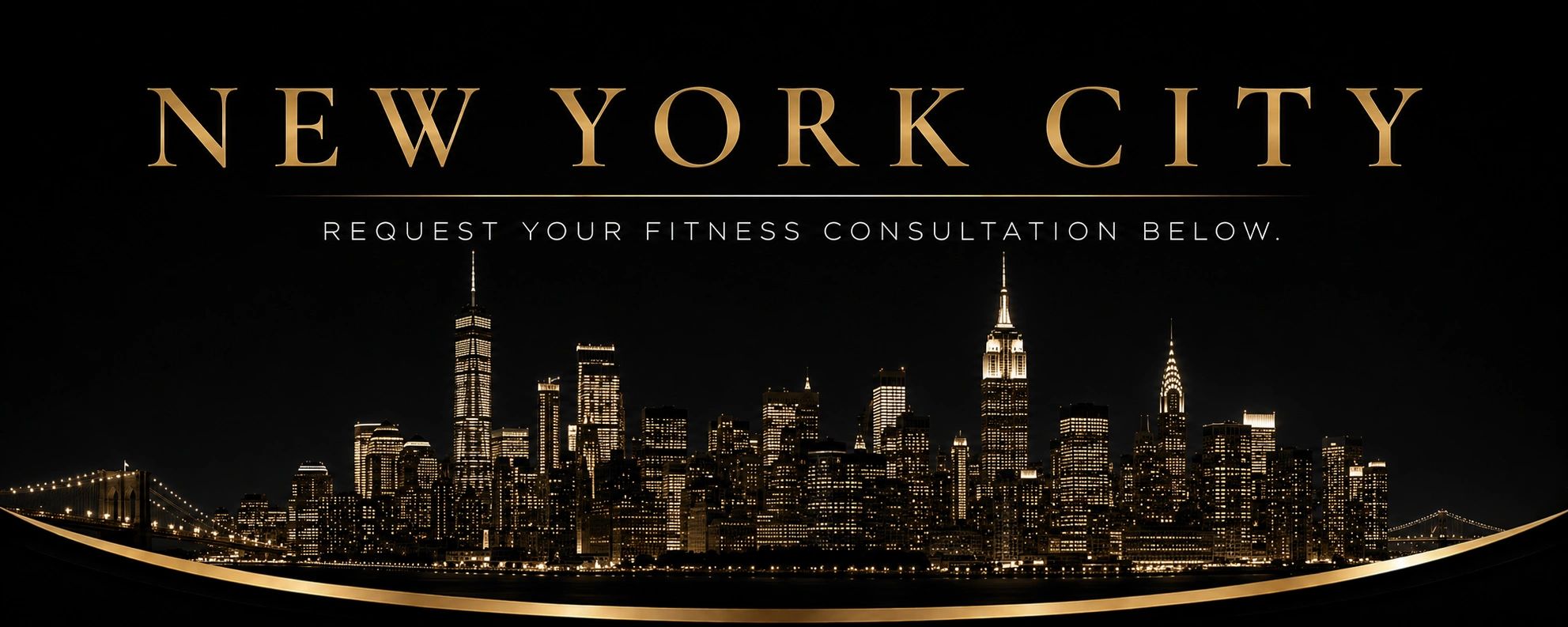 Elegant New York City skyline at night with fitness consultation invitation.