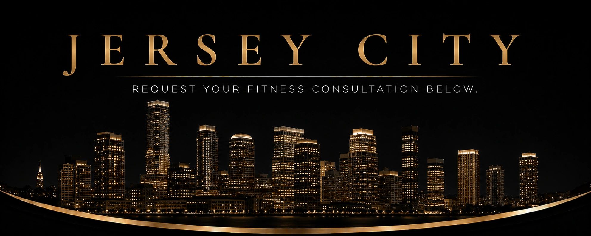 Jersey City skyline at night with a fitness consultation invitation.