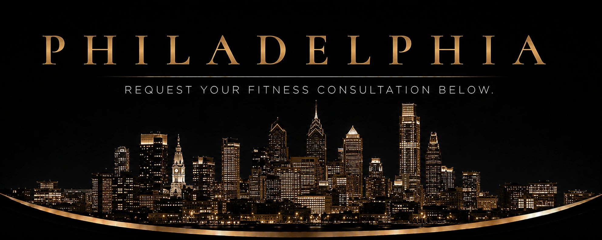 Nighttime Philadelphia skyline with fitness consultation offer.