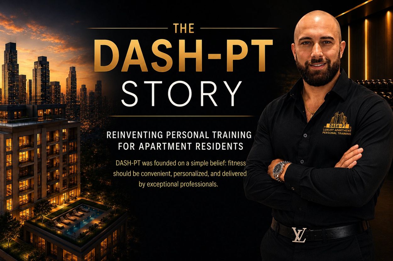 Man promoting DASH-PT, personal training for apartment residents.
