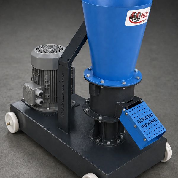 Industrial machine with a blue funnel and motor on a black base with wheels.