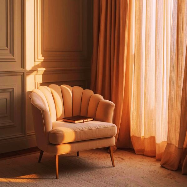 A cozy armchair bathed in warm sunlight by the window with a book on it.