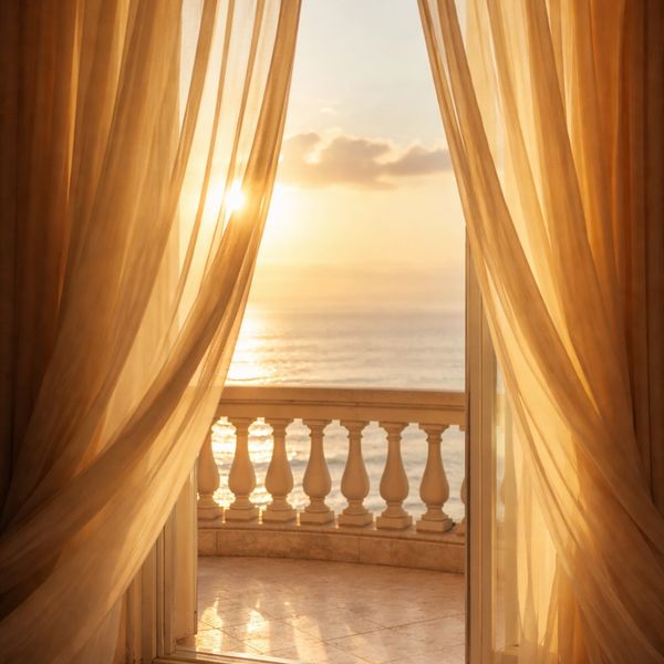 Sunlight streaming through sheer curtains onto a balcony overlooking the ocean.