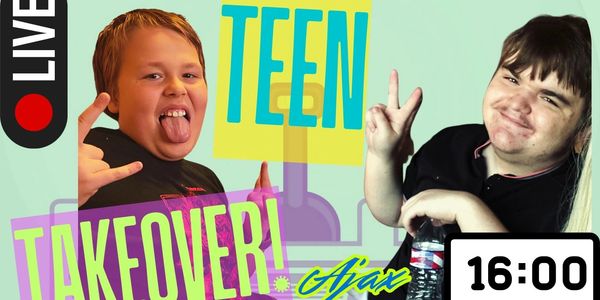 Two teens making rock hand signs for a live stream titled Teen Takeover.