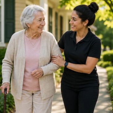 A young woman assisting an elderly woman outdoors with a smile.