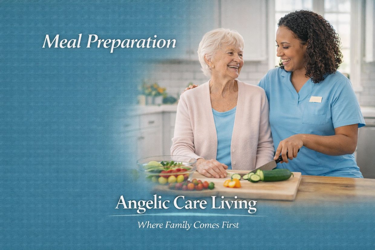 Caregiver assisting a senior with meal preparation in a safe home setting.
