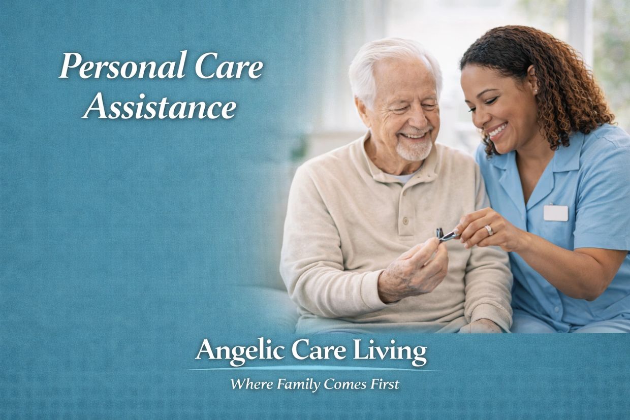 Caregiver providing personal care assistance to a senior, offering respectful support and comfort.