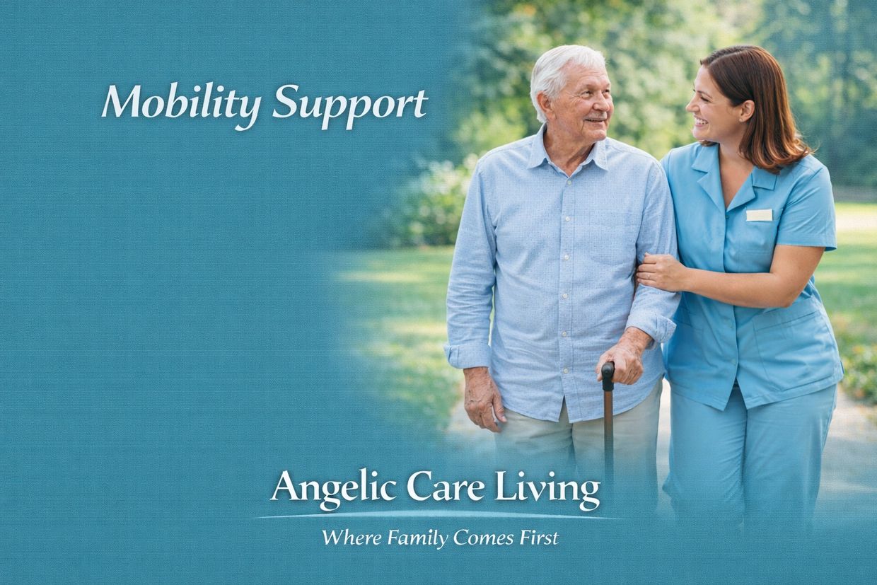 Caregiver assisting a senior with mobility support for safe movement and independence.