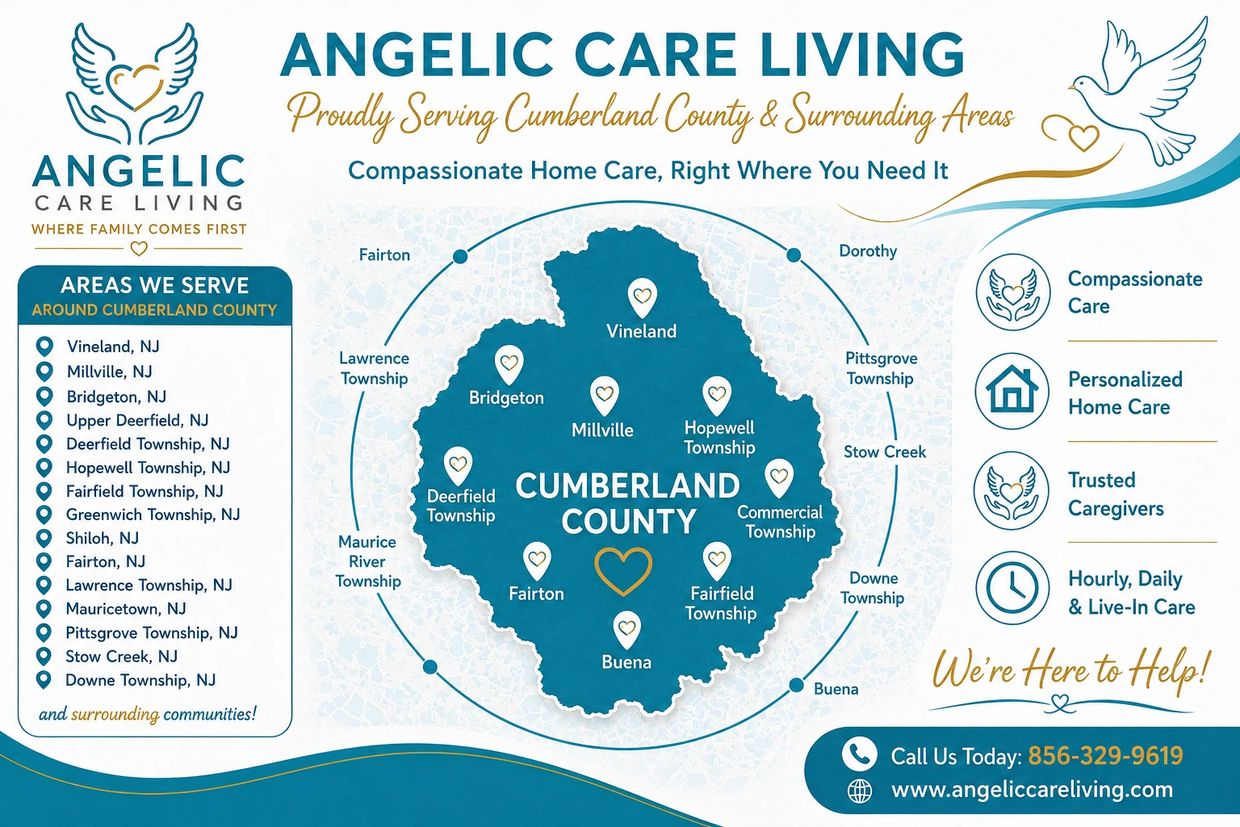 Map highlighting Angelic Care Living's home care services in Cumberland County, NJ.