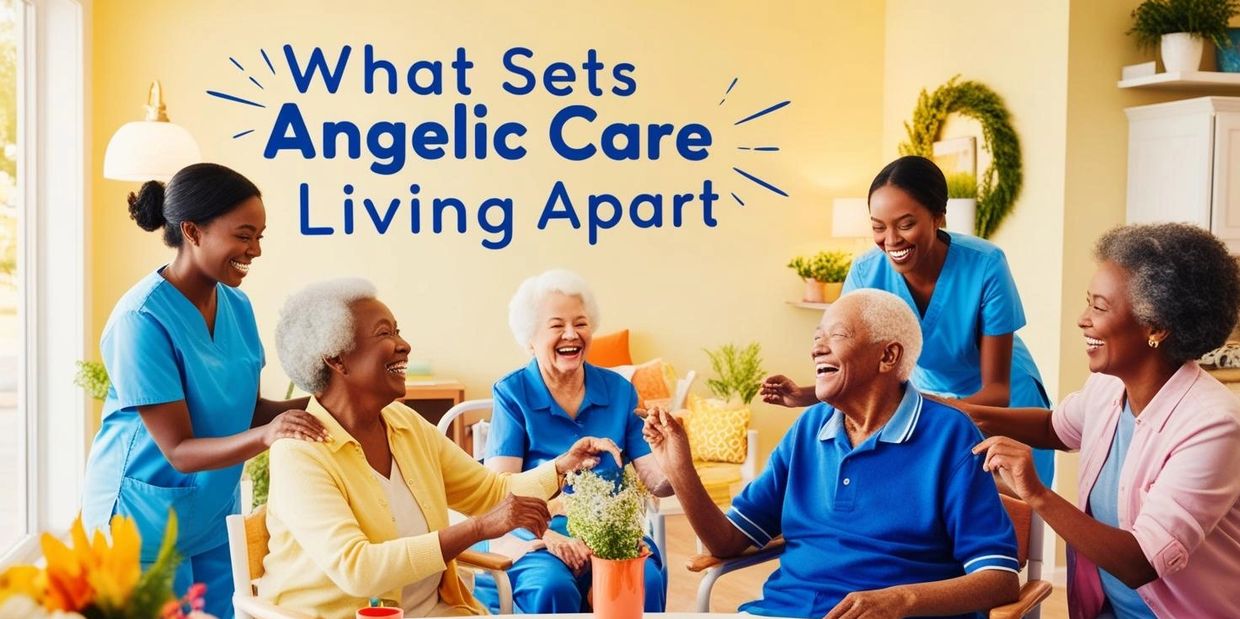 A group of caregivers and older adults joyfully engaged in activities in a well-lit home