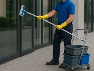 A person cleaning glass windows with a mop and wearing yellow gloves.