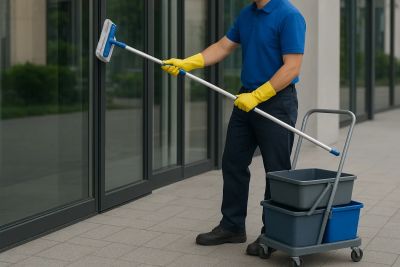 Person cleaning windows using a mop and cart.