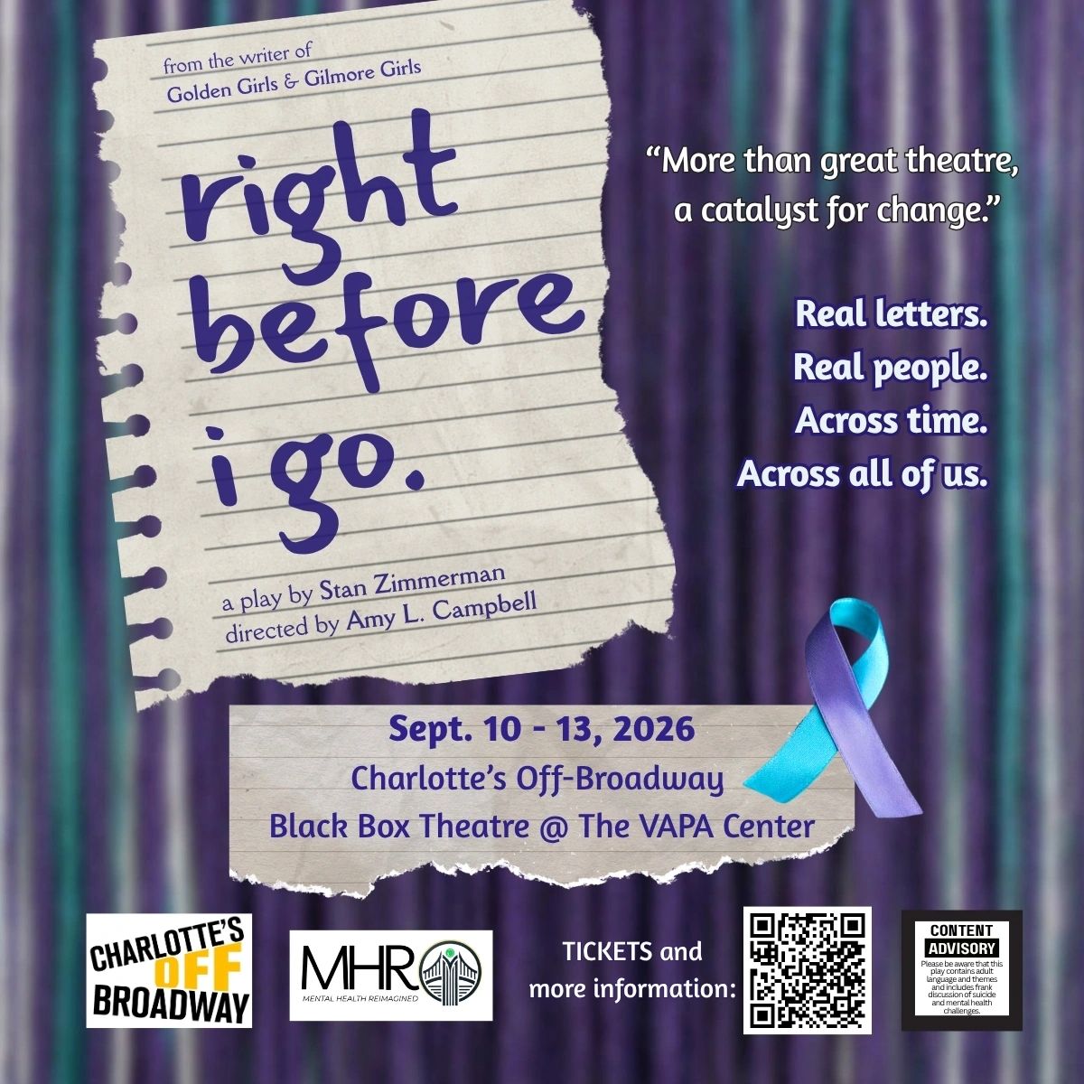 Poster for the play 'Right Before I Go' at Charlotte's Off-Broadway, Sept. 10-13, 2026.