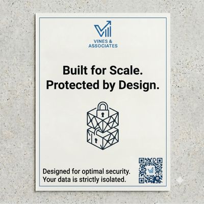 Security-focused poster by Vines &amp; Associates emphasizing data protection and scalability.