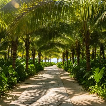 Sunlit pathway lined with palm trees and lush greenery.