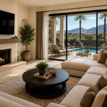 Cozy living room with fireplace and pool view.