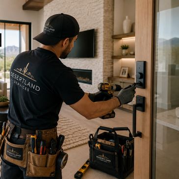 Technician fixing a door lock with a drill.