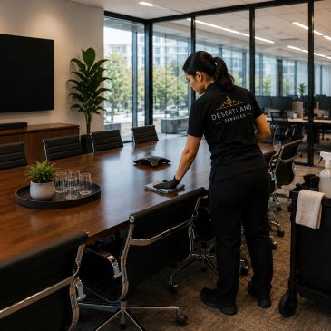 Cleaning staff wiping a conference table in an office.
