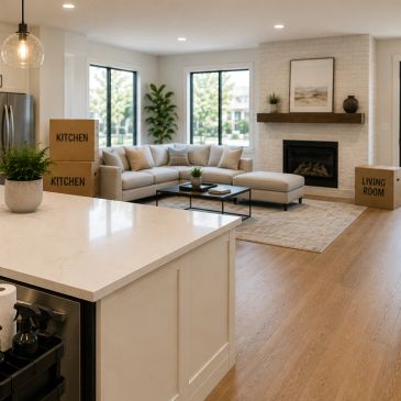 Modern living room with moving boxes labeled kitchen and living room.