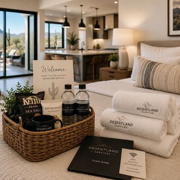 Welcome basket and neatly arranged towels in a cozy hotel room.