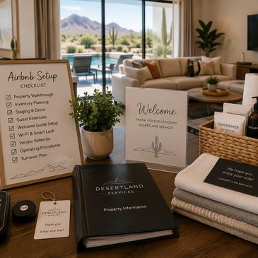 Airbnb setup checklist and welcome materials on a wooden table.