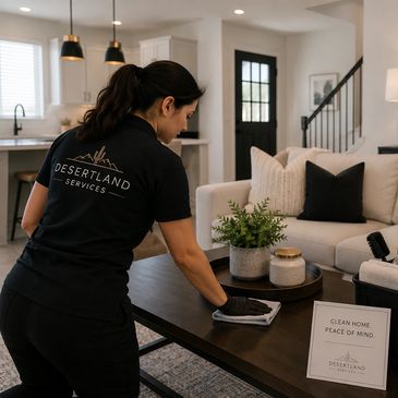 Cleaning professional wiping coffee table in a living room.