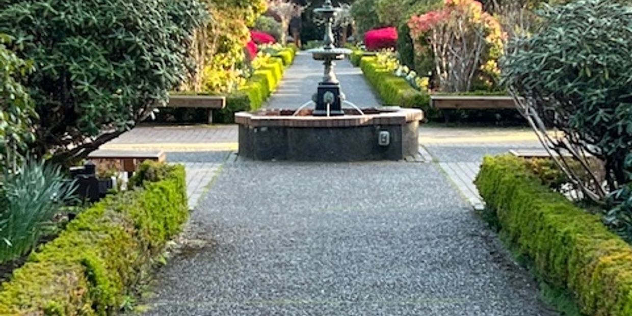 A serene garden path with trimmed hedges and a central water fountain.