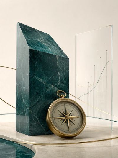 Brass compass with geometric marble and glass art.