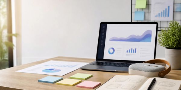 Escritorio con laptop mostrando gráficos y notas adhesivas.