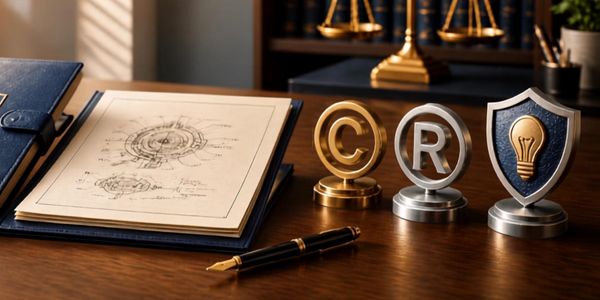 Representaciones de propiedad intelectual en un escritorio.