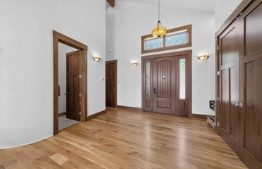 PROVIA Front Entry Door (3 point locking systm). Powder Room, Entry Closet. Hickory Wide Plank Floor
