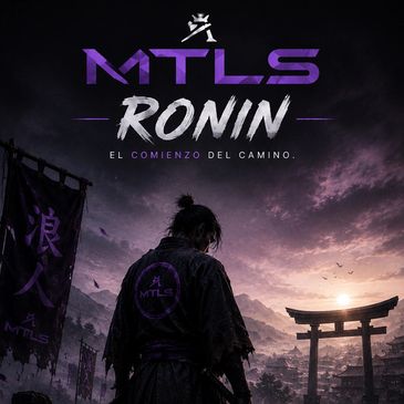 Silhouette of a lone warrior at sunset with MTLS Ronin branding and Japanese elements.