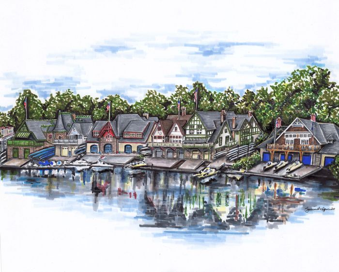 My hand drawn pencil and marker illustration of the iconic Philadelphia Boathouse row.