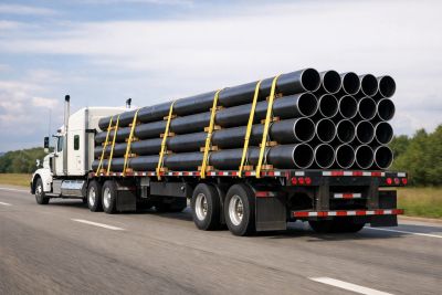 Flatbed truck carrying large pipes on highway.