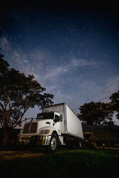 A white truck parked under a starry night sky with trees around.